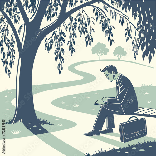 Vector art of man sitting on bench reading book under tree in park on summer day