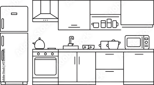 Clean, modern kitchen illustration with appliances and cabinetry