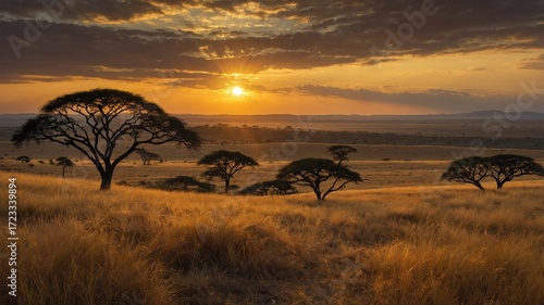 Serene sunset over a vast savannah landscape with acacia trees silhouetted against a golden sky