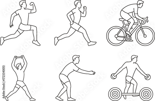 Dynamic line art illustrations depict diverse athletic activities and exercises