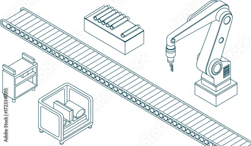 Automated factory line with robotic arm and conveyor belt in isometric view.