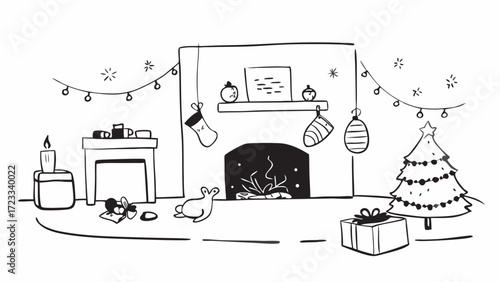 Illustration of a christmas scene with a fireplace tree gifts and decorations in a cozy room setting on transparent background silhouette