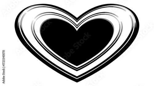 A black and white heart shape with multiple outlines creating a layered and dimensional appearance on transparent background silhouette
