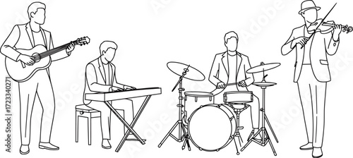 Musical ensemble of four musicians playing guitar, keyboard, drums, and violin