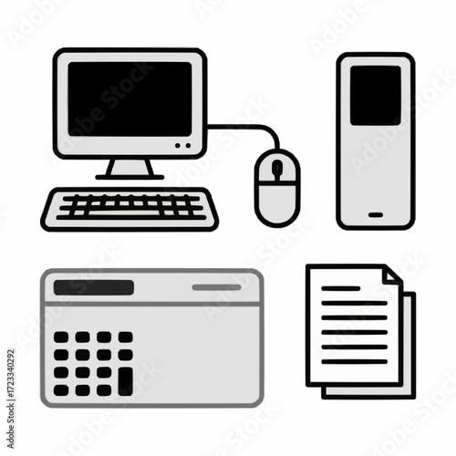 Modern office tech essentials, a clean design for presentations, websites, and marketing materials showcasing technology and productivity in a workspace environment