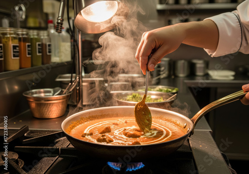 Chef's Hand Stirring Creamy Punjabi Butter Chicken in a Restaurant Kitchen
