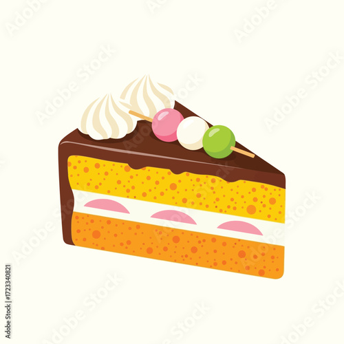 Delicious Slice of Cake with Whipped Cream and Dango Topping