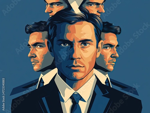 Multi-layered portrait of a man in a suit, a visual representation of multiplicity or identity