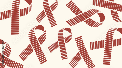 Pattern of stylized red awareness ribbons with horizontal lines on a light background surface design