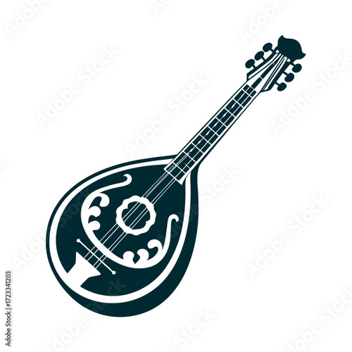 Bouzouki Vector Illustration: Greek String Instrument Bouzouki Long-necked string instrument with rounded body and fret details in metallic bronze