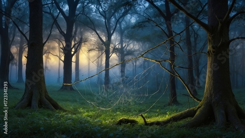 Serene forest scene at dawn with mist, illuminated spider web between trees, showcasing nature's beauty