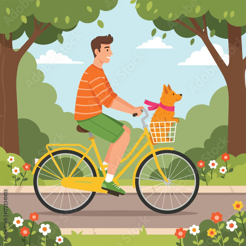 Man riding a bicycle with his dog in a summer park
