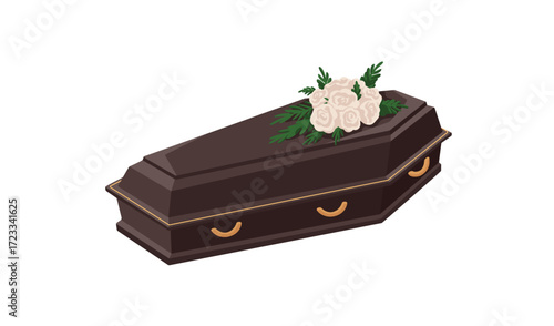 Coffin, casket with flower bouquet. Mourning box, vintage retro black wooden case for dead, funeral burial ceremony. Christian tomb with roses. Flat vector illustration isolated on white background.
