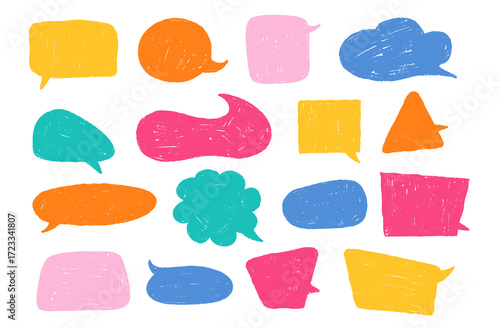 Playful crayon speech dialog text frames. Hand sketched Chalkboard box bubbles. Abstract chat Stickers and pencil clouds. Vector illustration
