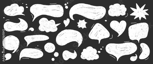 Playful crayon speech dialog text frames. Hand sketched Chalkboard box bubbles. Abstract chat Stickers and pencil clouds. Vector illustration