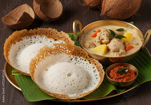A traditional South Indian breakfast of two bowl-shaped appams with a creamy coconut milk stew and spicy red chutney.