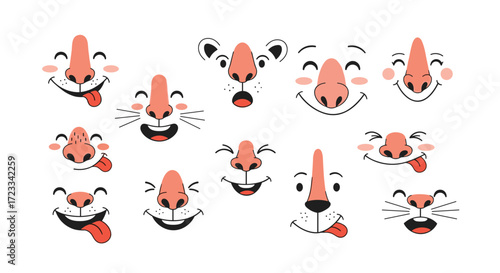 A collection of cute and funny cartoon animal faces with expressive emotions and playful features.