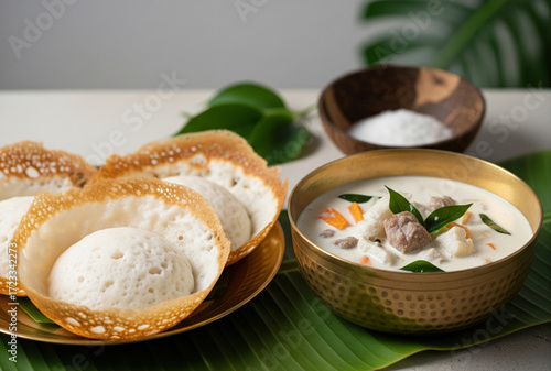 A traditional South Indian breakfast of two bowl-shaped appams with a creamy coconut milk stew and spicy red chutney.