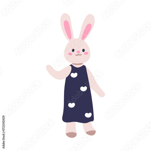 Bunny toy in dress. Plush stuffed rabbit dummy. Cute funny puppet greeting with waving paw. Sweet friendly baby character. Kids childish flat vector illustration isolated on white background.