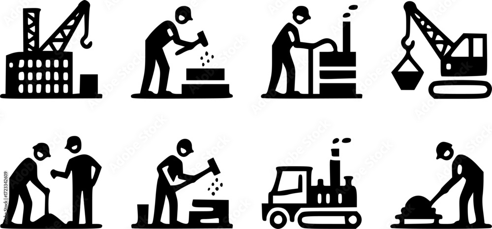 Fototapeta premium Industrial flat icon set in black and white style | factory, tools, machinery, engineering symbols.