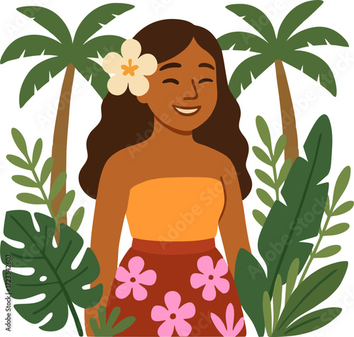Smiling woman with floral lei and top framed by palm trees and tropical foliage.isolated on transparent background