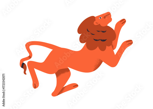Lion, wild cat. Wildcat, jungle king jumping in side view, profile. African predator with mane, in motion. Feline mammal, carnivore, beast. Flat vector illustration isolated on white background.