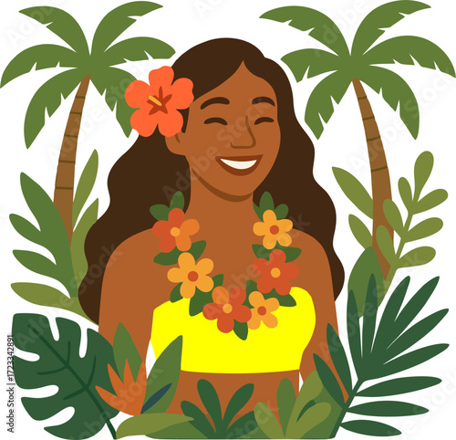 Smiling woman with floral lei and top framed by palm trees and tropical foliage.isolated on transparent background