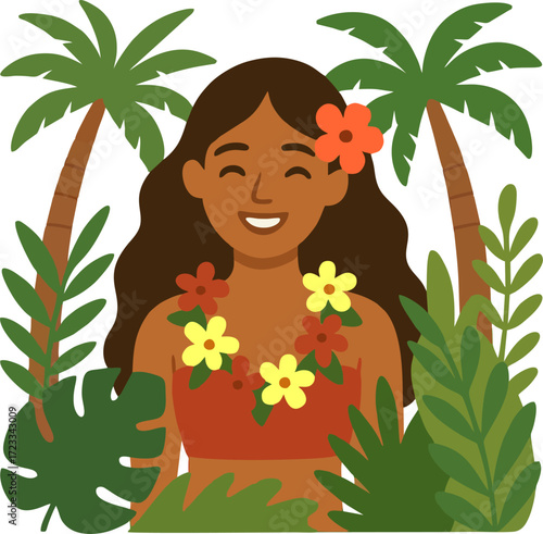 Smiling woman with floral lei and top framed by palm trees and tropical foliage.isolated on transparent background