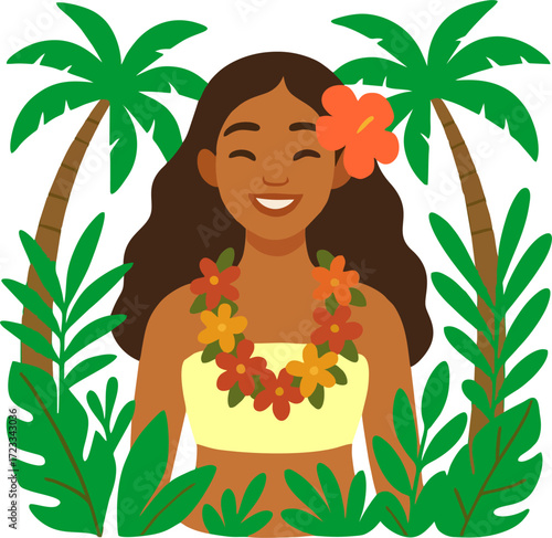 Smiling woman with floral lei and top framed by palm trees and tropical foliage.isolated on transparent background