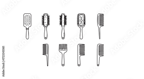 Collection of various hair brushes and combs in a stylized silhouette