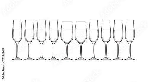 A row of ten empty champagne flutes in a clean silhouette style
