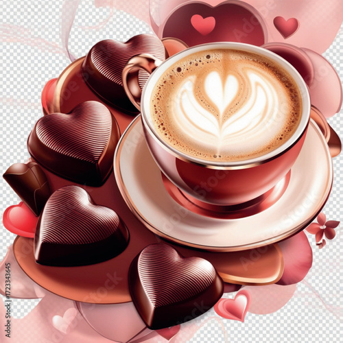 cappuccino in heart shape with heart chocolate decoration 