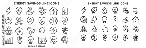 Energy saving concepts represented through line icons featuring symbols of power and sustainability
