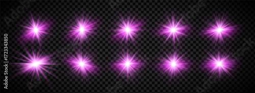 Purple aura with bright halo and light power for flare explosion or radial sun effect background. Violet glitter and transparent line lens with glow sparkle and flash spark illustration.