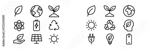 Icons representing environmental themes, sustainability, and renewable energy sources arranged in a clean, organized manner