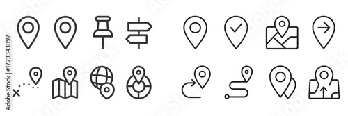 Collection of navigation and location icons used for mapping and travel, suitable for various digital applications