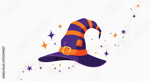 A purple and orange witch hat with golden buckle and sparkles surrounding it.