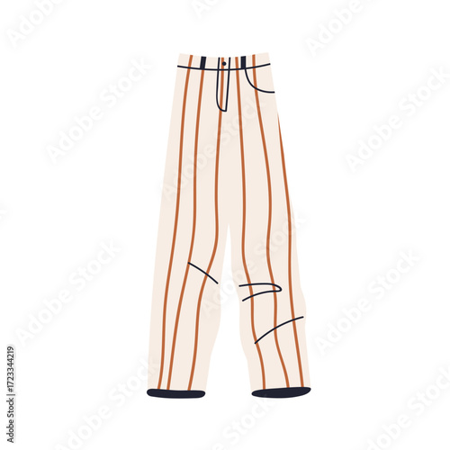 Striped trousers with vertical lines. Straight fit pants in modern trendy style. Fashion clothing item, unisex apparel for stylish outfits. Flat vector illustration isolated on white background.