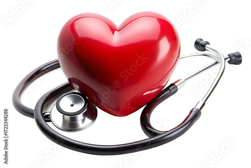 Red heart shape exercise ball with doctor physician's stethoscope on white background ,PNG. AI Generated
