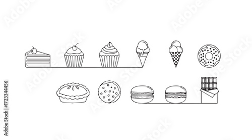 Collection of sweet desserts and treats in a simple silhouette style