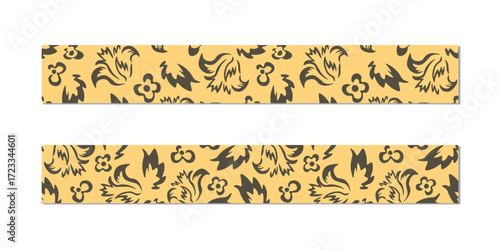 Vector illustration of a set of decorative ribbon stripes. Masking tape, satin or corsage, grssgrain tape, adhesive tapes for frames, scrapbooking. Packing patterned ribbons with foral ornament.