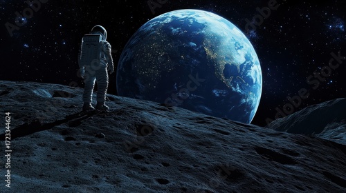 Astronaut on a moonlit landscape, gazing at Earth