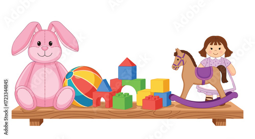 A delightful collection of classic children's toys displayed on a wooden shelf.