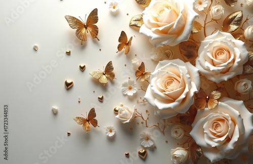 Elegant image features white roses, gold butterflies hearts on white background. Decorative design elements, romantic ambiance, suitable for wedding, Valentine Day, love, floral themes. Perfect for