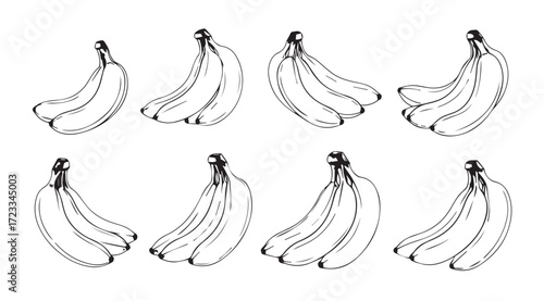 Collection of eight yellow banana bunches in a distinct silhouette style