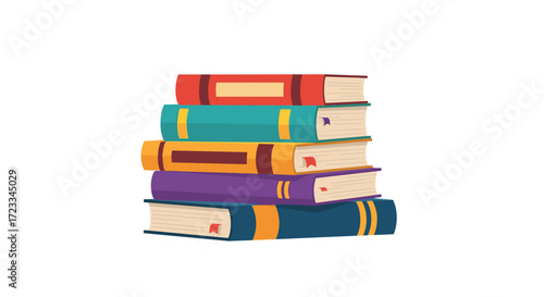 A stack of colorful vintage books with open pages and bookmark ribbons.