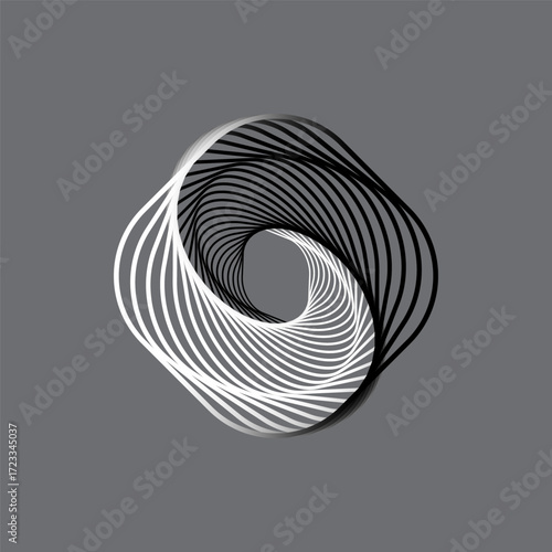 Abstract geometric knot. Monochrome spiral lines. Vector modern element. Dynamic motion illustration.