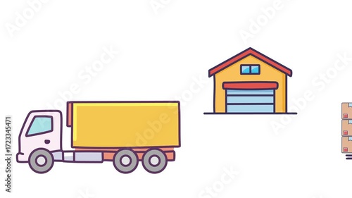 フォークリフトが倉庫からトラックへ荷物を積み込む様子。物流、運送、荷役作業の効率化と労働力を示すイラストレーション。運搬プロセスを表現するシンプルな動画素材。