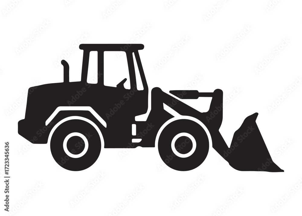 Naklejka premium loader logo silhouette vector, tractor loader silhouette vector illustration, construction excavator silhouette vector, heavy construction machine loader logo silhouettes vector on white background
