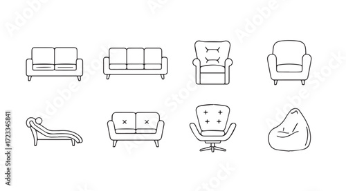 Collection of various furniture silhouettes including sofas armchairs and a beanbag chair silhouette